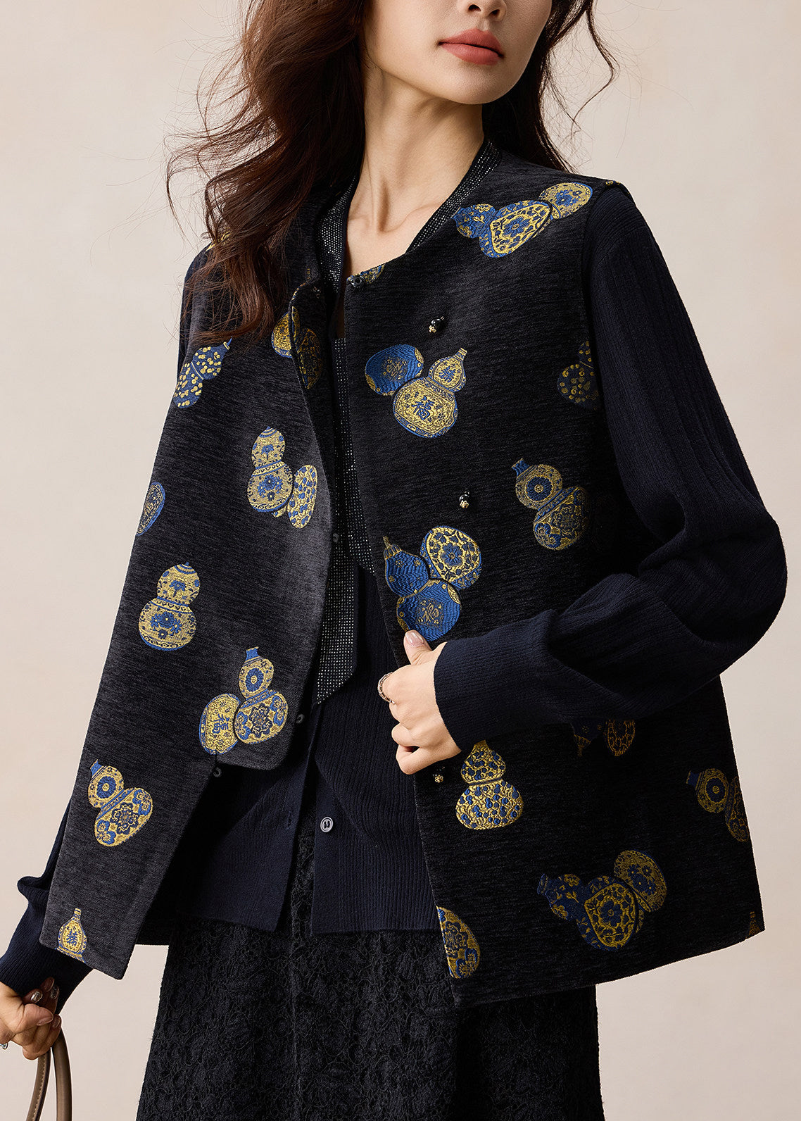 Chinese Style Black Jacquard Gourd Waistcoat Sleeveless