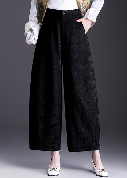 Chinese Style Black Jacquard High Waist Wide Leg Crop Pants Fall