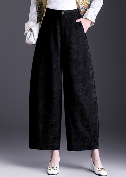 Chinese Style Black Jacquard High Waist Wide Leg Crop Pants Fall