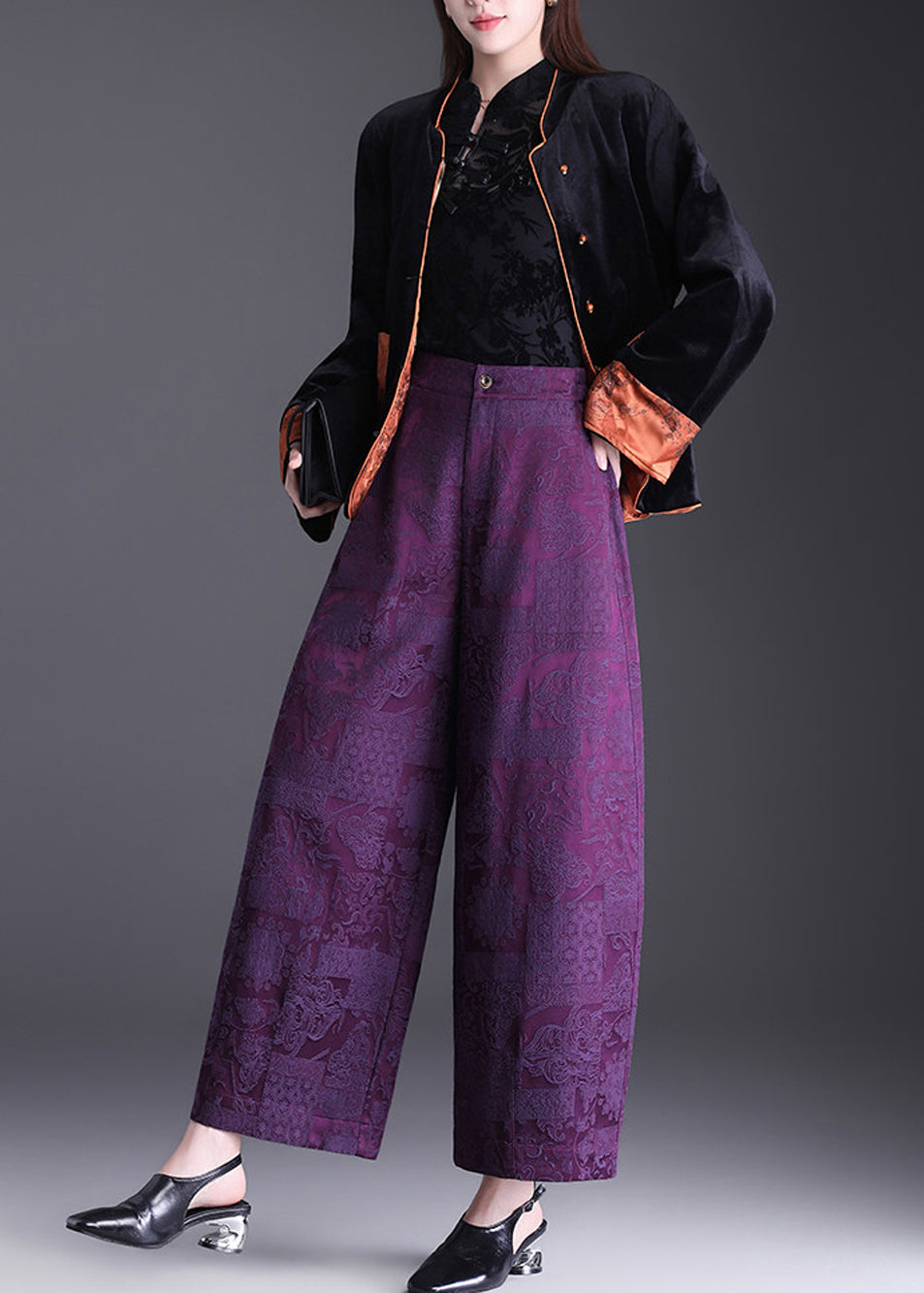 Chinese Style Black Jacquard High Waist Wide Leg Crop Pants Fall