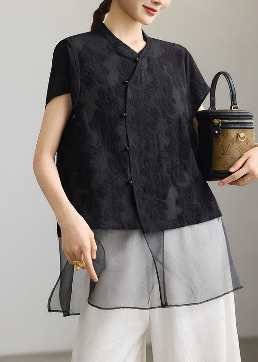 Chinese Style Black Jacquard Patchwork Mid Shirt Tops Summer