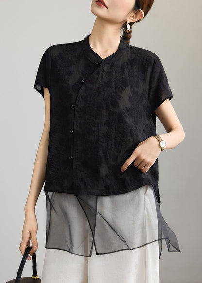 Chinese Style Black Jacquard Patchwork Mid Shirt Tops Summer
