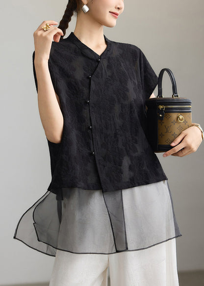 Chinese Style Black Jacquard Patchwork Mid Shirt Tops Summer