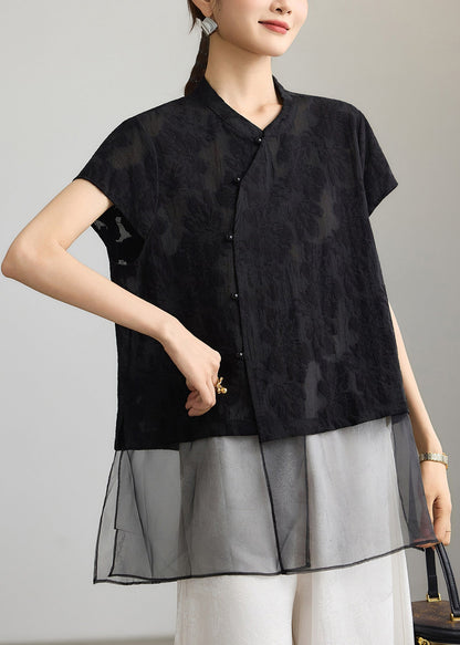 Chinese Style Black Jacquard Patchwork Mid Shirt Tops Summer