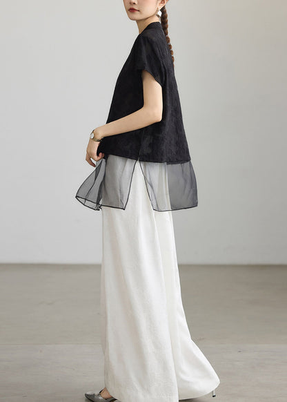 Chinese Style Black Jacquard Patchwork Mid Shirt Tops Summer