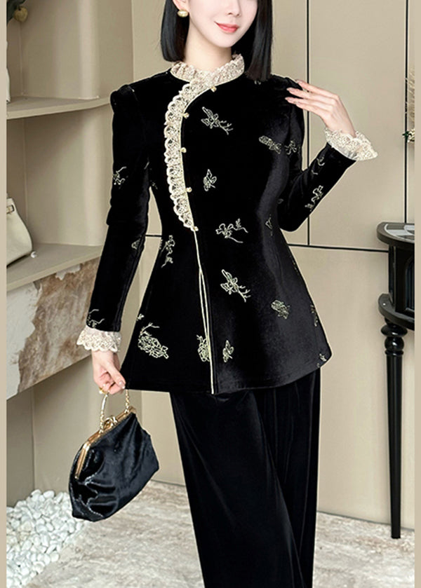 Chinese Style Black Lace Embroidered Velour Set Spring