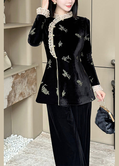 Chinese Style Black Lace Embroidered Velour Set Spring