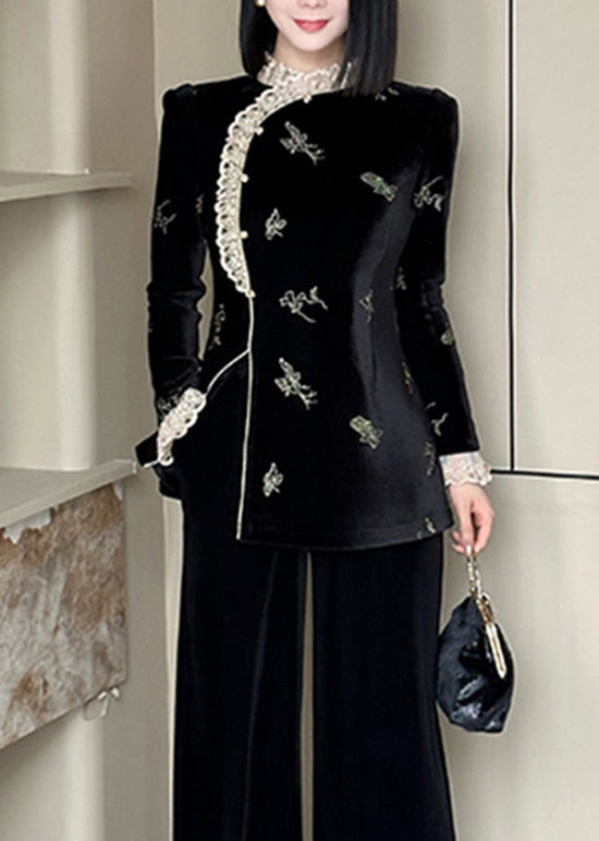Chinese Style Black Lace Embroidered Velour Set Spring