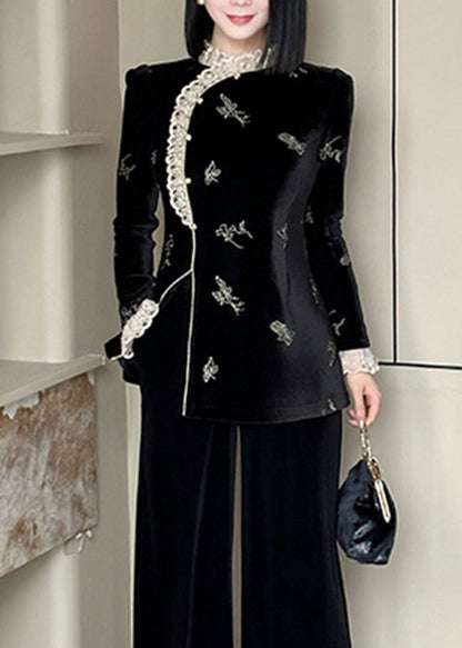 Chinese Style Black Lace Embroidered Velour Set Spring
