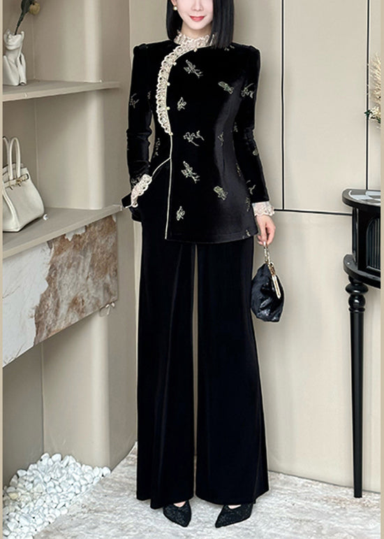 Chinese Style Black Lace Embroidered Velour Set Spring