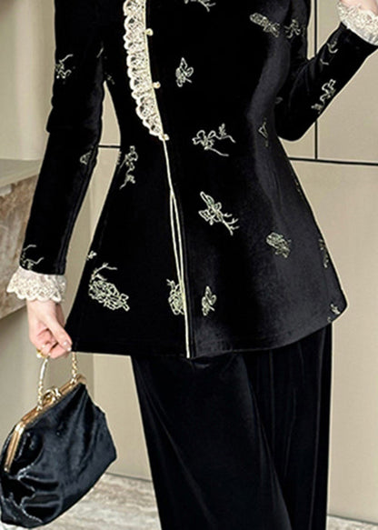 Chinese Style Black Lace Embroidered Velour Set Spring