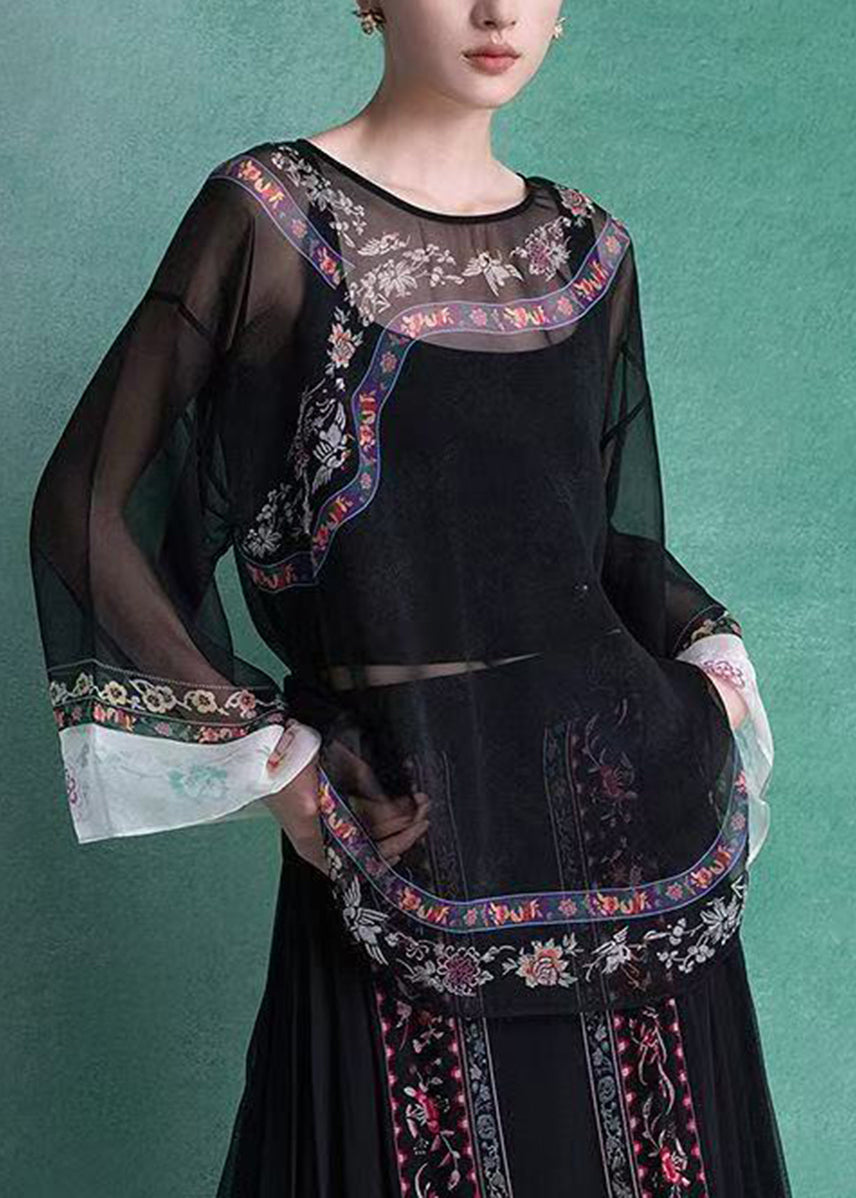 Chinese Style Black O-Neck Print Blouses Top Summer