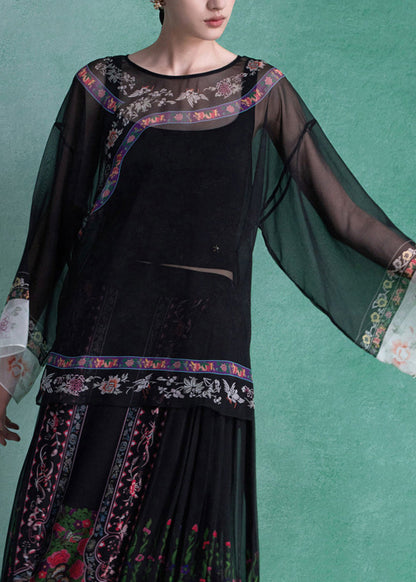 Chinese Style Black O-Neck Print Blouses Top Summer
