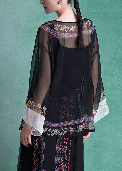 Chinese Style Black O-Neck Print Blouses Top Summer
