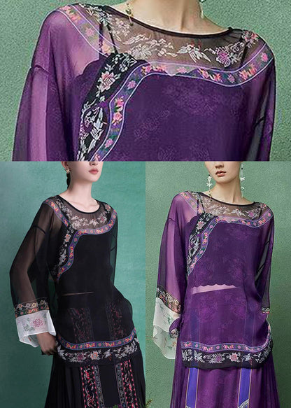Chinese Style Black O-Neck Print Blouses Top Summer