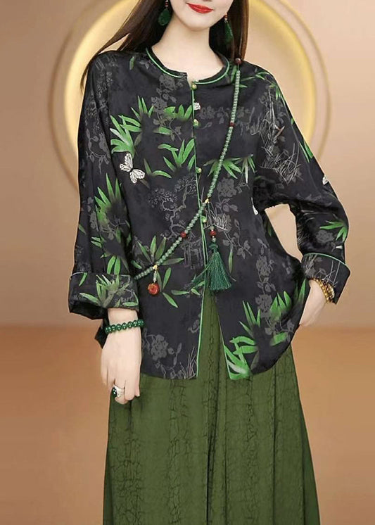 Chinese Style Black O Neck Print Button Silk Cardigan Fall