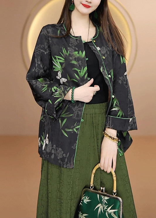 Chinese Style Black O Neck Print Button Silk Cardigan Fall