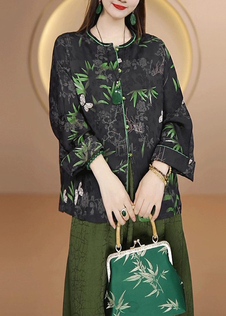 Chinese Style Black O Neck Print Button Silk Cardigan Fall