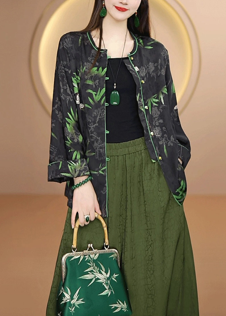 Chinese Style Black O Neck Print Button Silk Cardigan Fall