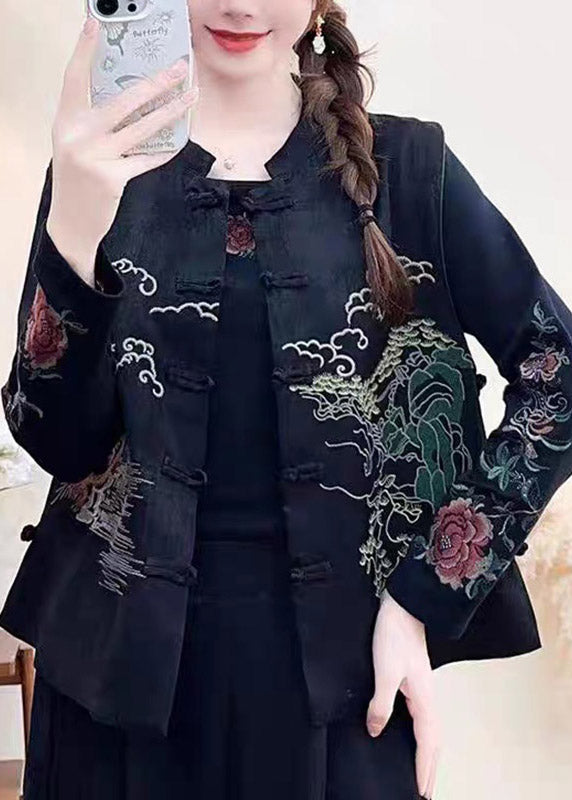 Chinese Style Black Stand Collar Embroidered Pockets Waistcoat Sleeveless