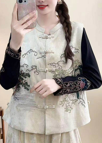 Chinese Style Black Stand Collar Embroidered Pockets Waistcoat Sleeveless