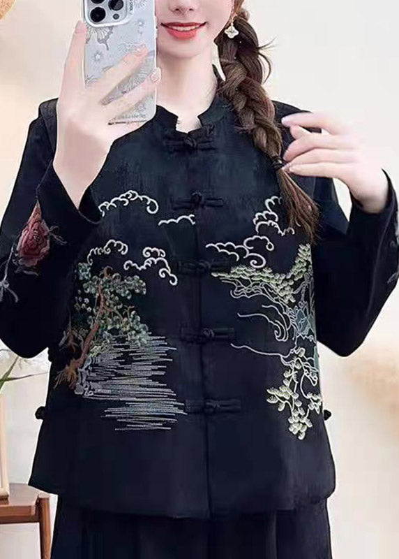 Chinese Style Black Stand Collar Embroidered Pockets Waistcoat Sleeveless