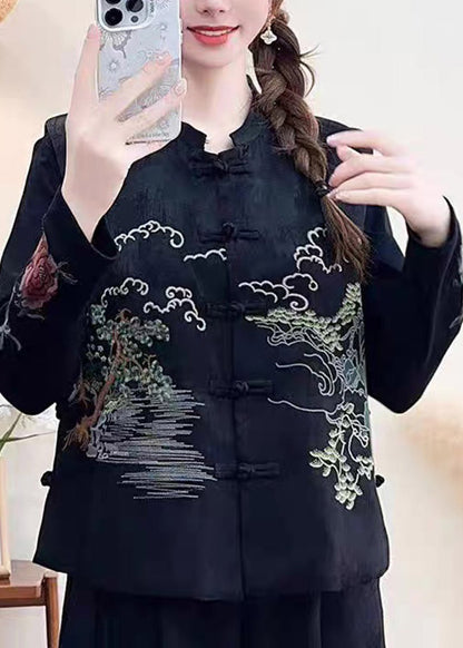 Chinese Style Black Stand Collar Embroidered Pockets Waistcoat Sleeveless