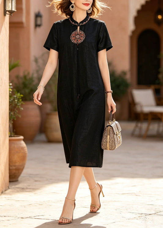 Chinese Style Black Stand Collar Embroidered Silk Dresses Summer