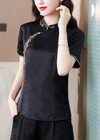 Chinese Style Black Stand Collar Embroidered Silk Top Summer