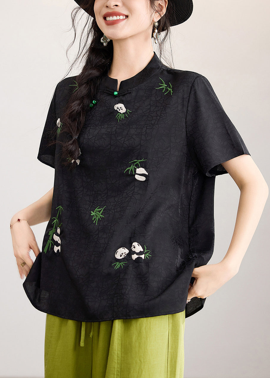 Chinese Style Black Stand Collar Embroidered Tops Short Sleeve