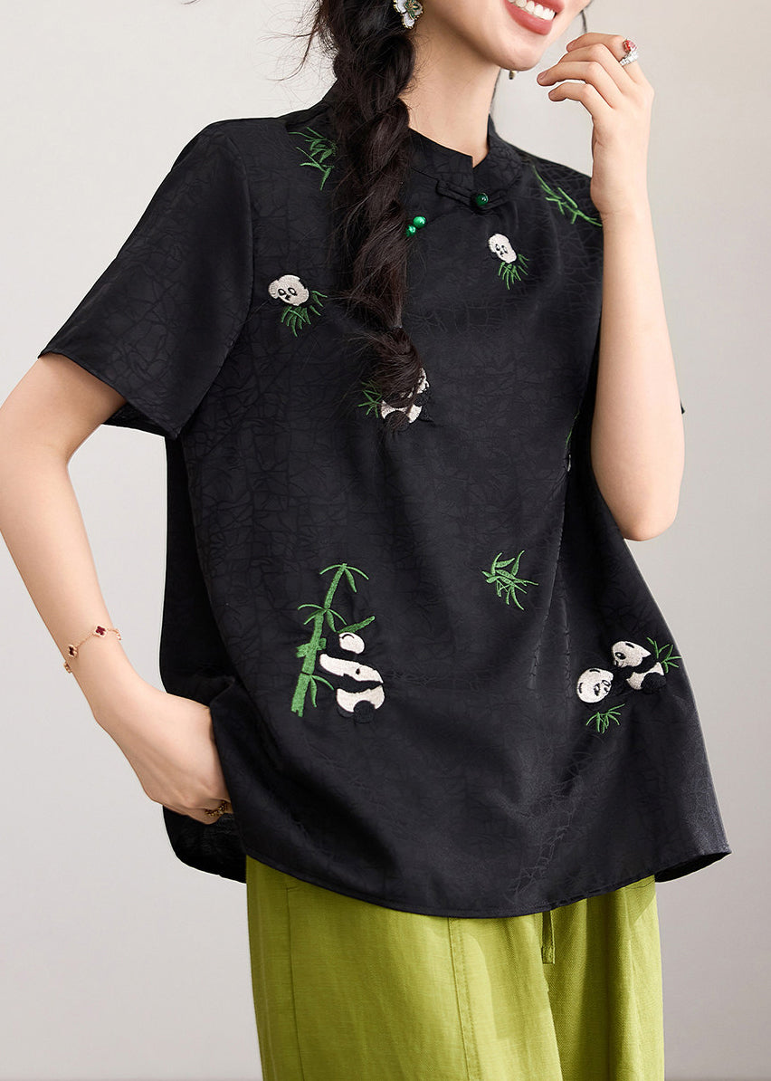 Chinese Style Black Stand Collar Embroidered Tops Short Sleeve