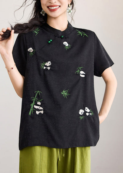 Chinese Style Black Stand Collar Embroidered Tops Short Sleeve