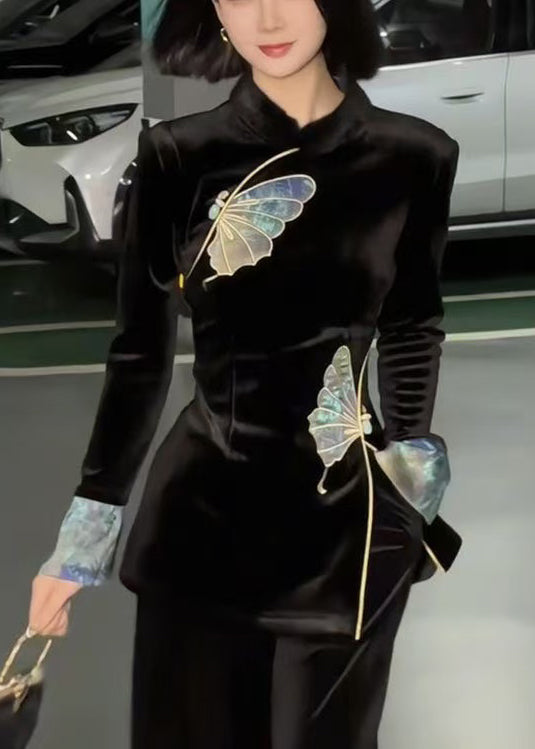 Chinese Style Black Stand Collar Embroidered Velour Two Pieces Set Spring