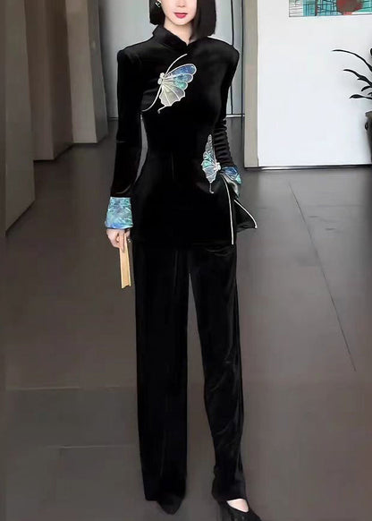 Chinese Style Black Stand Collar Embroidered Velour Two Pieces Set Spring