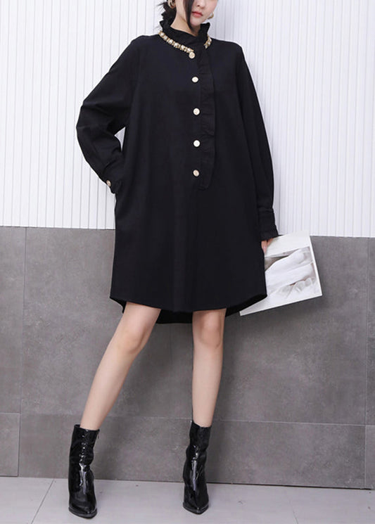 Chinese Style Black Stand Collar Floral Mid Dress Fall