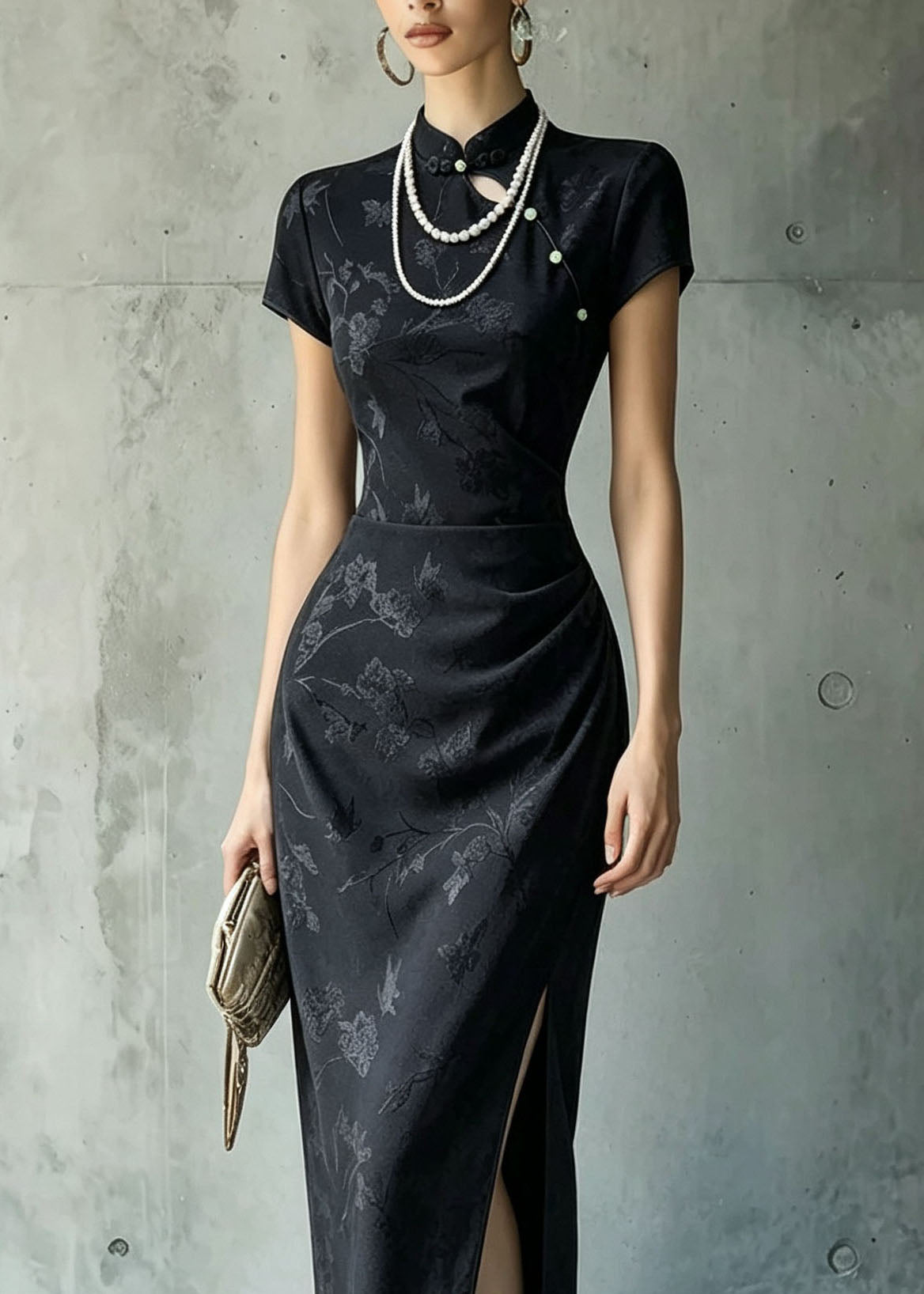 Chinese Style Black Stand Collar Jacquard Side Open Silk Dress Summer