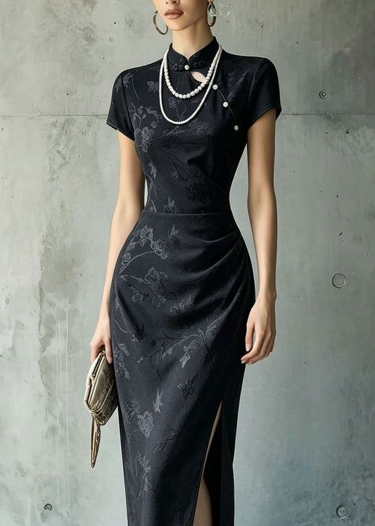 Chinese Style Black Stand Collar Jacquard Side Open Silk Dress Summer