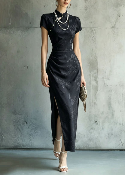 Chinese Style Black Stand Collar Jacquard Side Open Silk Dress Summer
