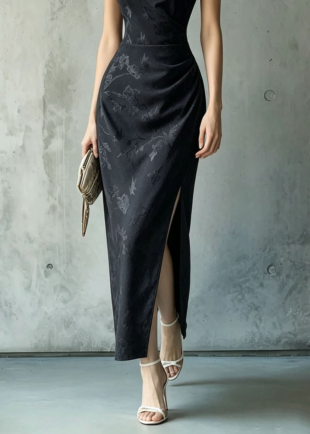 Chinese Style Black Stand Collar Jacquard Side Open Silk Dress Summer