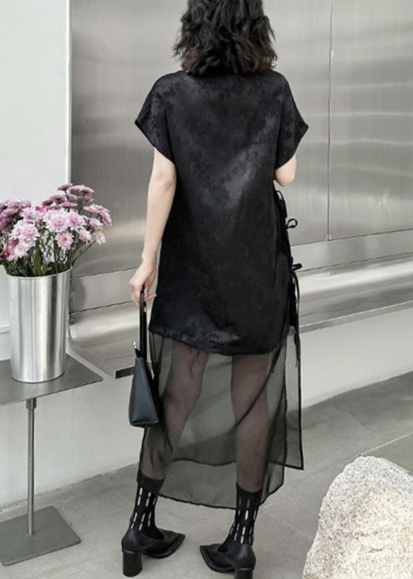 Chinese Style Black Stand Collar Lace Up Patchwork Tulle Dress Summer