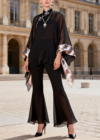 Chinese Style Black Stand Collar Patchwork Silk Two Piece Set Outfits Summer