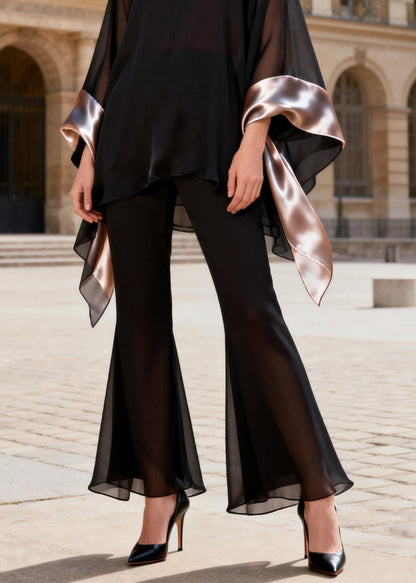 Chinese Style Black Stand Collar Patchwork Silk Two Piece Set Outfits Summer