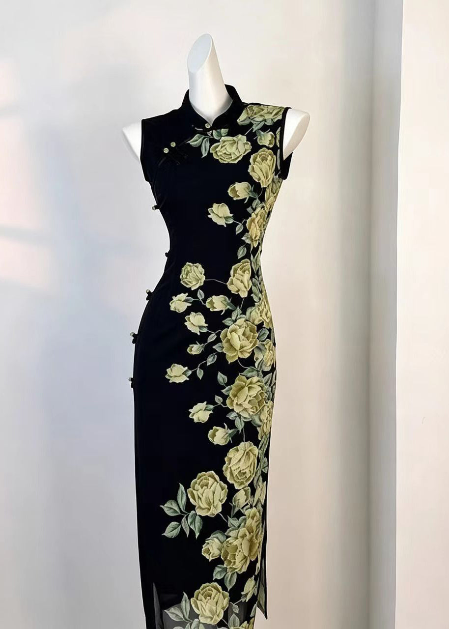Chinese Style Black Stand Collar Print Dresses Sleeveless