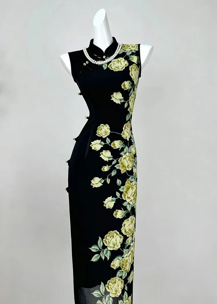 Chinese Style Black Stand Collar Print Dresses Sleeveless