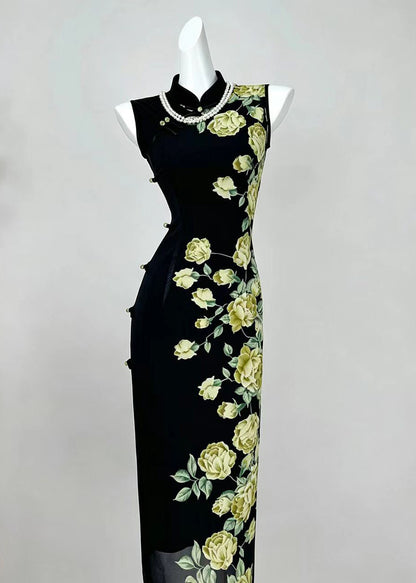 Chinese Style Black Stand Collar Print Dresses Sleeveless