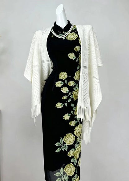 Chinese Style Black Stand Collar Print Dresses Sleeveless