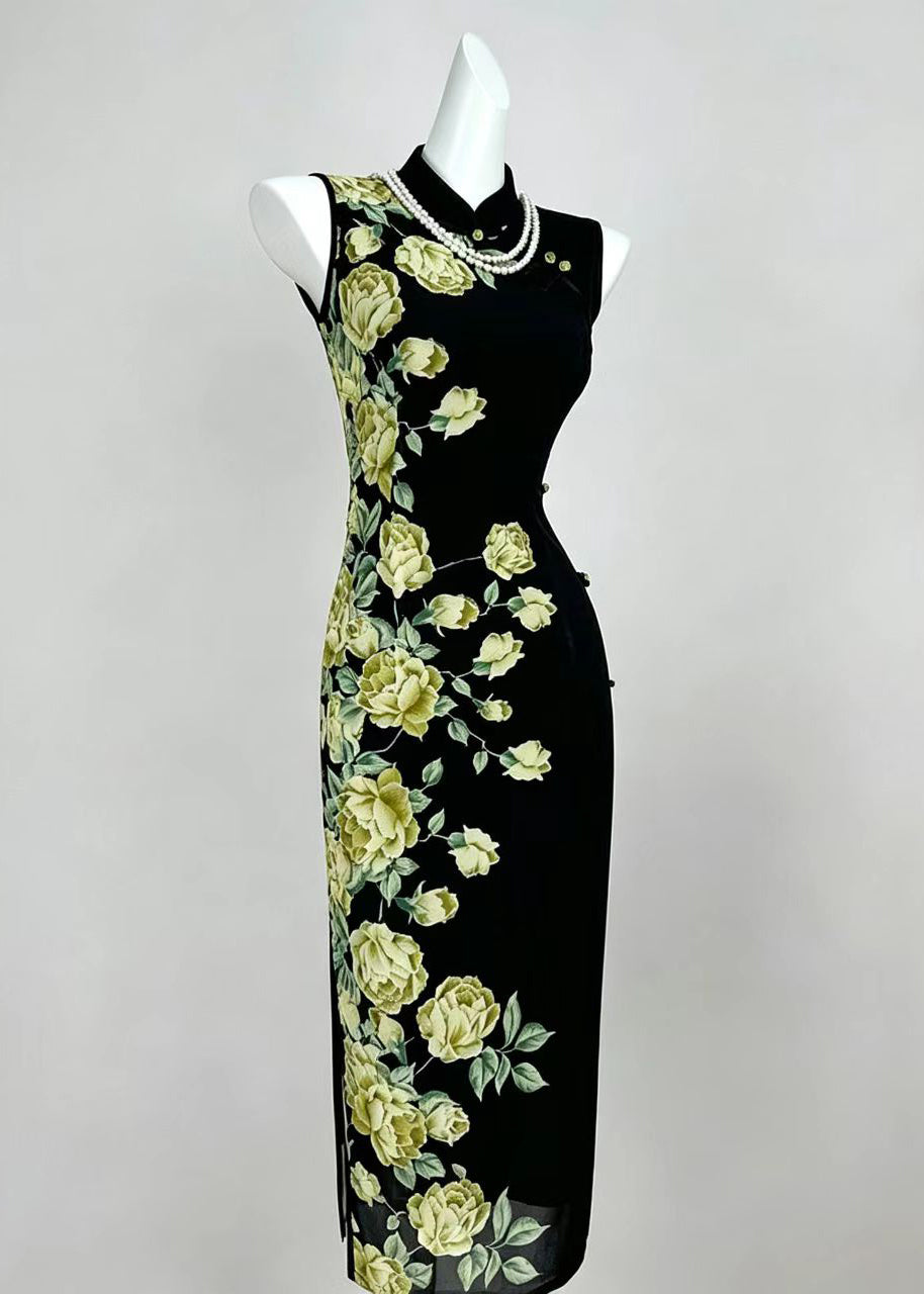 Chinese Style Black Stand Collar Print Dresses Sleeveless