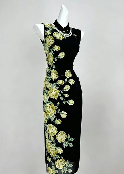 Chinese Style Black Stand Collar Print Dresses Sleeveless