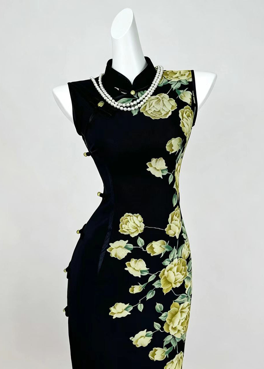 Chinese Style Black Stand Collar Print Dresses Sleeveless