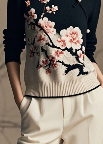 Chinese Style Black Stand Collar Print Knit Sweaters Winter